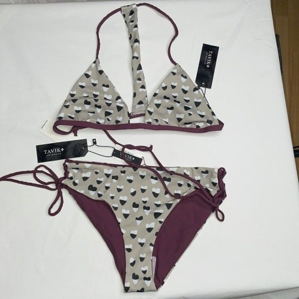 Tavik Womens BEBE Full Swim Bottom Cheetah Heart Print & RussoTriangle Swim Top